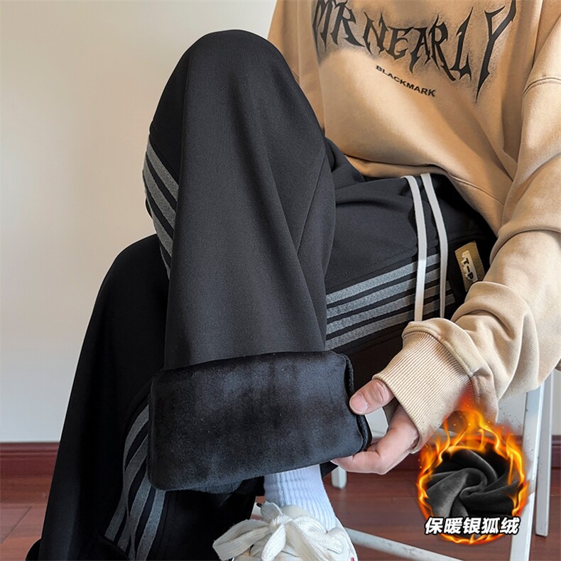 撞色条纹垂感卫裤男冬季加绒加厚宽松直筒潮流百搭港风休闲长裤子,男装休闲裤,电商A001-1