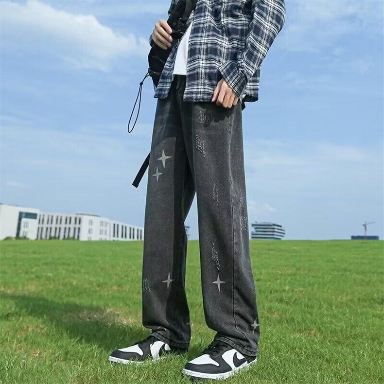 秋冬季潮牌牛仔裤男四芒星设计感做旧复古水洗松紧微喇裤子,男装牛仔裤,星座410-6（原星座1304-1）