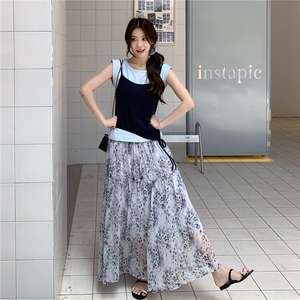 韩版轻熟风印花半身裙套装女2025年夏季新款不规则吊带上衣三件套图片
