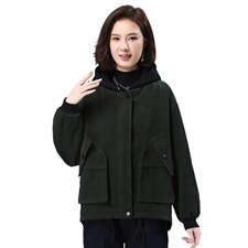 2021年冬季拼接连帽加绒外套宽松长袖文艺通勤开衫，女装卫衣/绒衫，叶笙衣