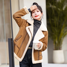 现货冬款拼接复合皮毛一体时尚保暖服颗粒绒外套百搭休闲韩系加绒，女装羊羔毛/颗粒绒，韩美纤衣