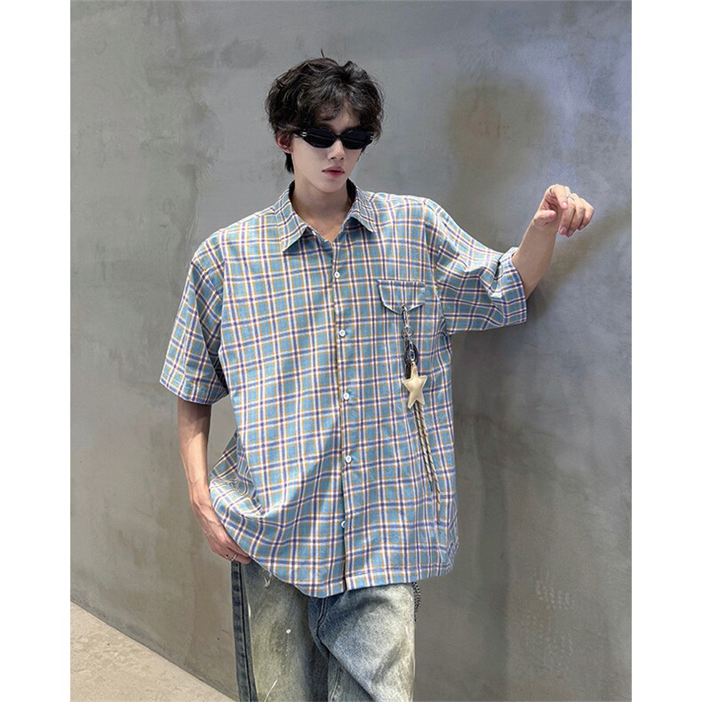 CS1151-特批40控78夏季新款男女格子短袖大码男衬衫（带配件）,男装T恤,电商A059