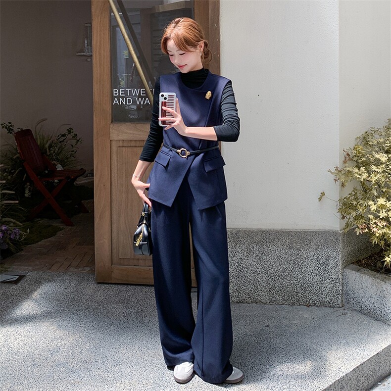 藏青色背心马甲阔腿裤套装女夏2025新款轻熟风巨好看通勤三件套,女装套装/套裙,1C150