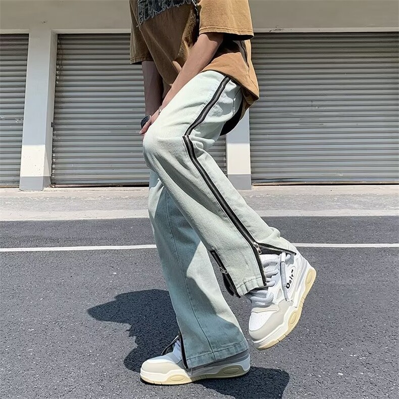 拉链水洗牛仔裤男小众设计感高街美式裤子港风直筒裤拖地长裤,男装牛仔裤,星座716-2
