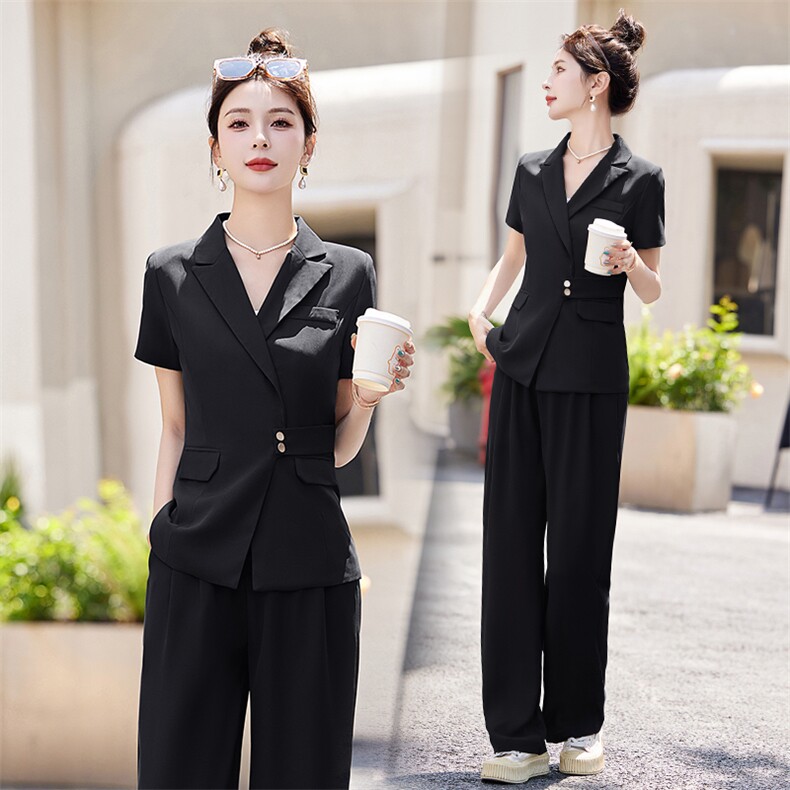 职业装短袖西装两件套女2024夏季新款显瘦气质通勤垂感阔腿裤套装,女装套装/套裙,雅佳俏
