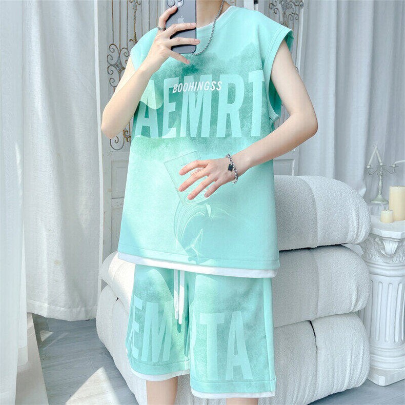 2025夏季新款旋律风车大码菠萝格短袖套装M-5XHQ24469-P60，男装休闲套装，电商A022