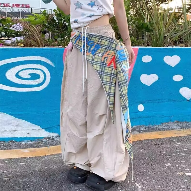 复古辣妹格子屁帘拼接设计感阔腿裤女夏宽松褶皱工装伞兵裤,女装休闲裤,星座1210-1