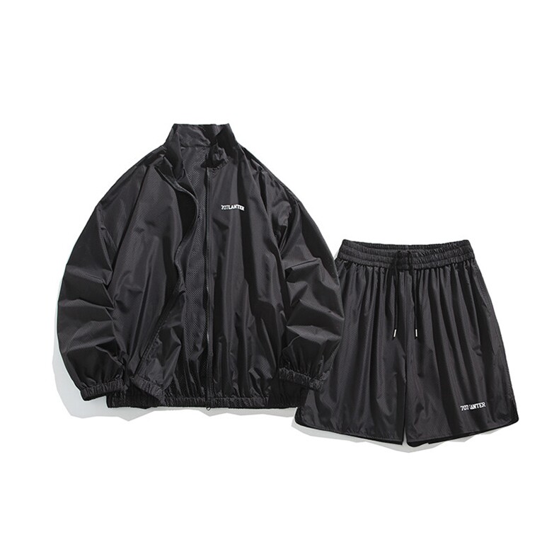 美式冰丝透气两件套激光打孔防晒五分短裤套装印花25XZ80065特78，男装休闲套装，电商A042