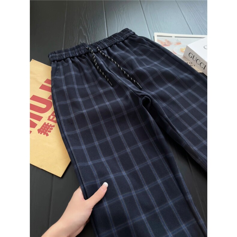 深蓝色格子休闲裤美式男款秋季百搭裤子修身遮肉加长卫裤XF302,男装休闲裤,星座208-5