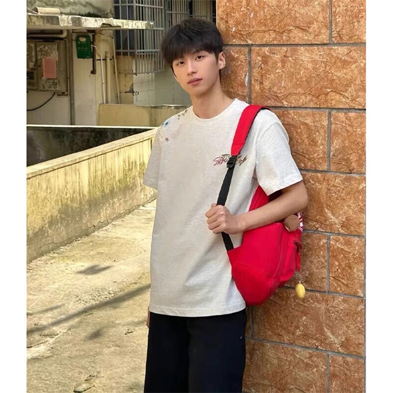 万针全刺绣工艺抖音得物高品质260克重磅纯棉双纱美式高街短袖T恤,男装T恤,电商A486