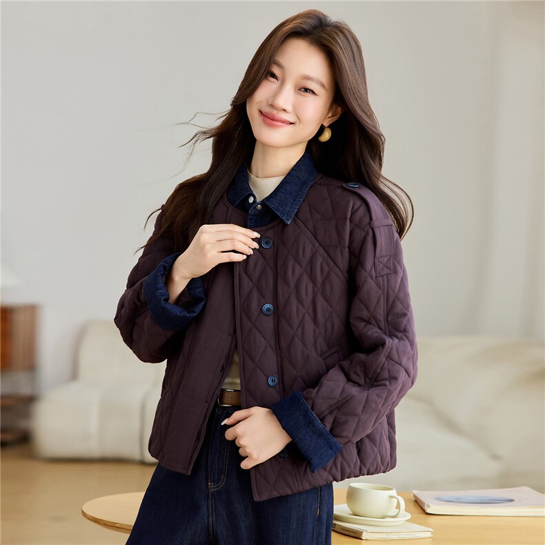 2025年冬季牛仔翻领撞色拼接菱形格夹棉棉服外套棉衣,女装棉衣/棉服,简韵佳
