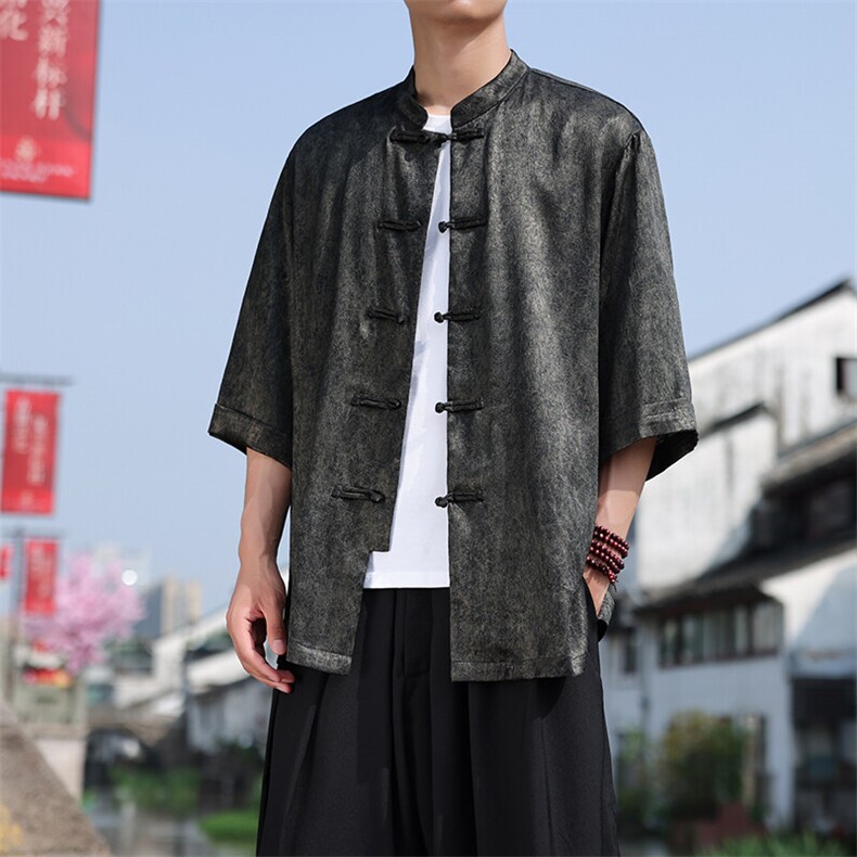 新中式大码七分袖衬衫2025夏季新款男立领大码盘扣上衣CS2461-P60,男装衬衫,电商A008