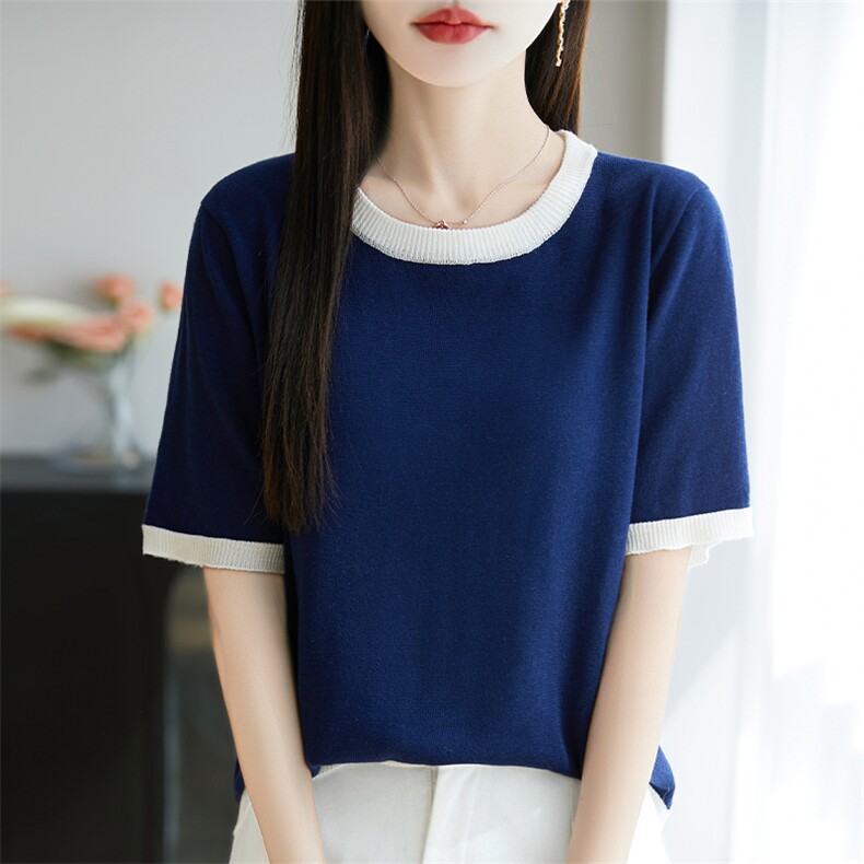 夏季新款韩版宽松短袖针织衫女圆领拼色百搭上衣,针织衫/毛衣,唐诺