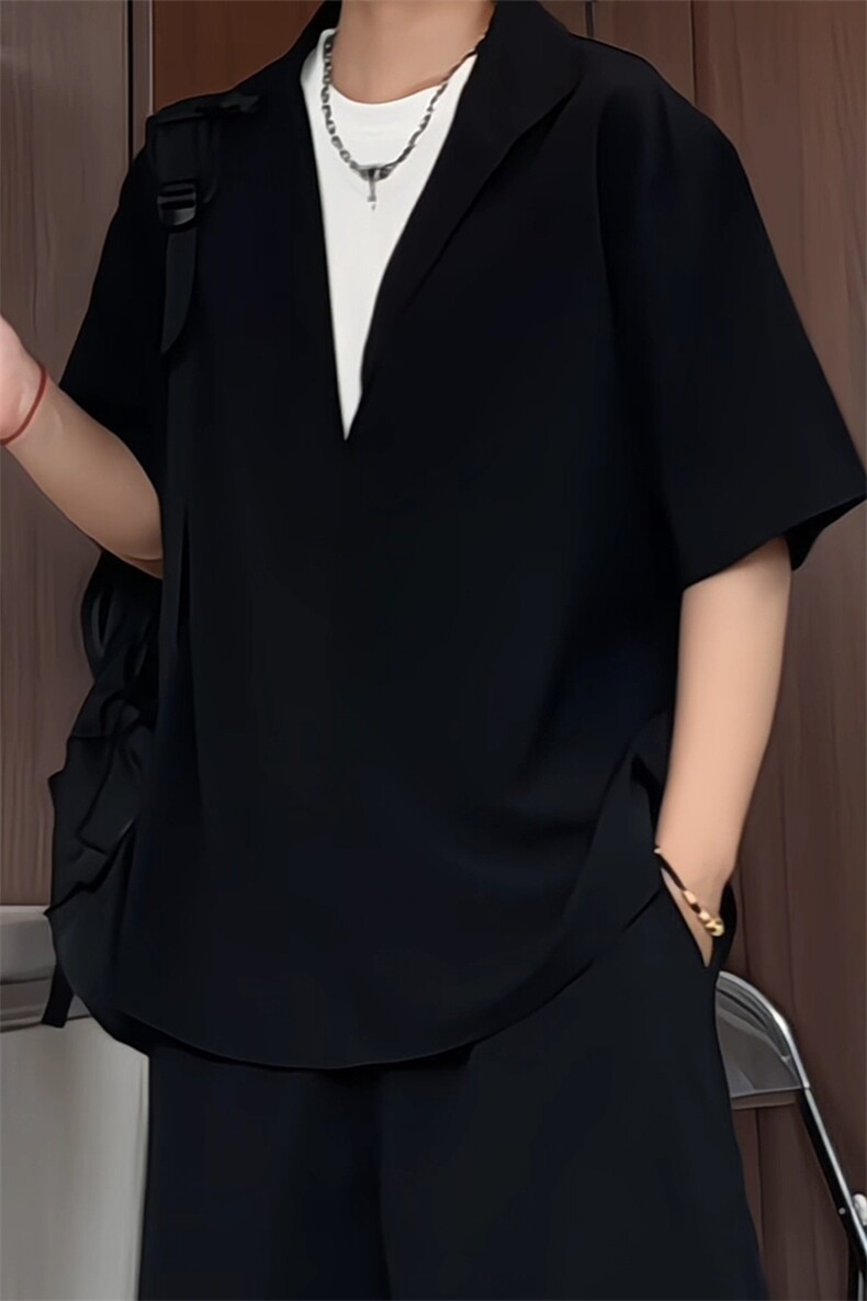 C5052/P35夏季新款假两件V领polo衬衫男大码宽松老钱风T恤上衣潮,男装T恤,电商A141