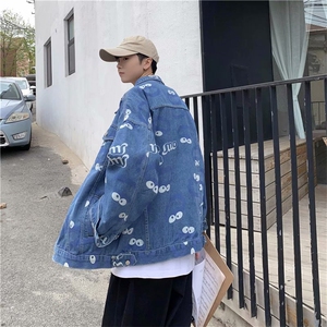 牛仔夹克男潮牌日系卡通印花秋季新款上衣潮牌宽松ins潮工装外套图片