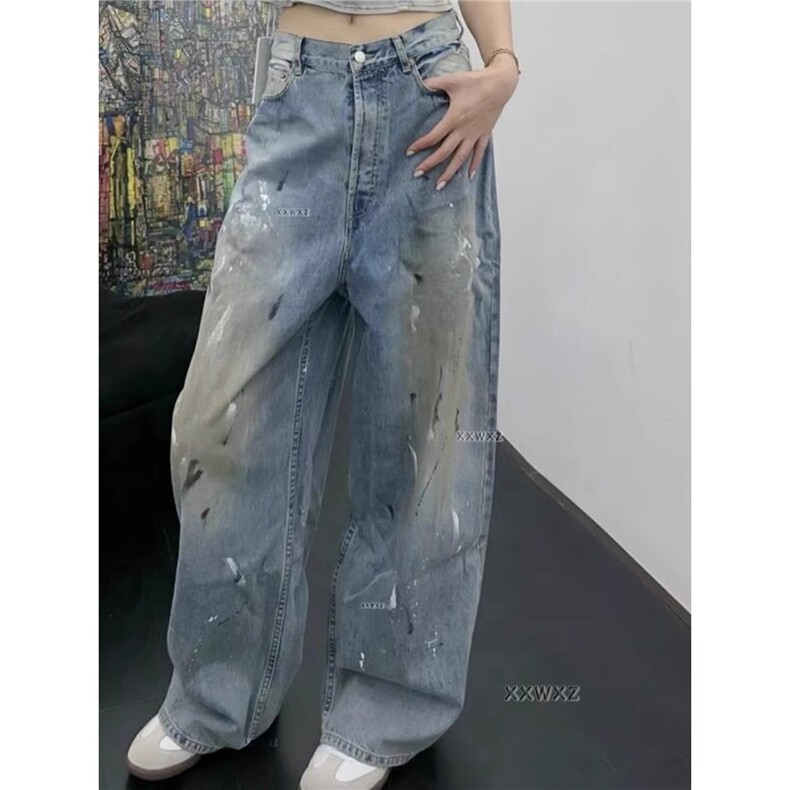 新款设计感泼漆涂鸦印花美式复古做旧高街牛仔长裤图片