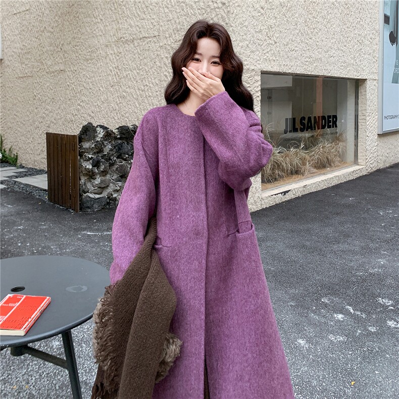 现货2025秋冬新款双面羊毛大衣女中长款韩系宽松带围巾羊毛呢外套,女装双面呢大衣,琦鑫阁（原依鑫阁）