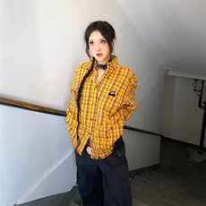 2025美式复古多巴胺黄色格子衬衫男女高街衬衣开衫长袖外套上衣，男装衬衫，星座506A