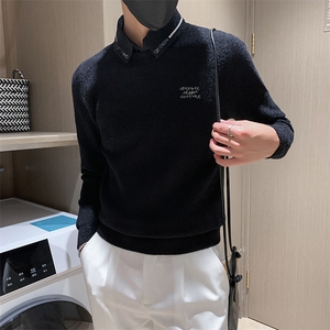 店主风小伙秋冬男修身衬衫领假二件针织毛衣301A-1/M66/P75控95图片