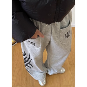 美式复古口袋设计印花休闲裤宽松男女阔腿裤 KC18图片