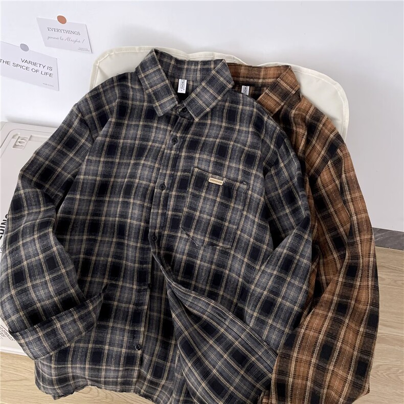 复古拼接格子长袖衬衫男2025秋季高级感衬衣宽松百搭休闲外套，男装衬衫，星座506A