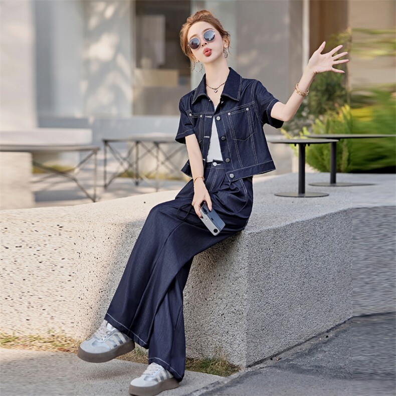 （新款现货）2026夏时尚薄款天丝牛仔短袖阔腿裤套装女（两件套）,女装牛仔外套,印象茜