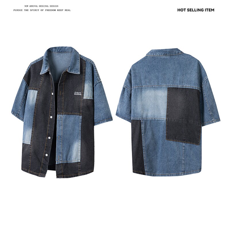 夏季拼接水洗牛仔短袖衬衫潮流宽松休闲时尚叠穿上衣,男装衬衫,星座410-6（原星座1304-1）