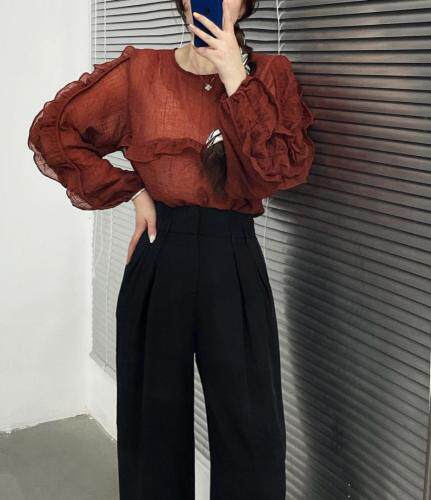 拼接丝瓜袖波浪纹上衣，其它，新袖