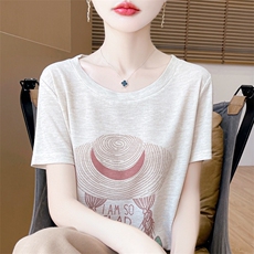 圆领新款针织女短袖花色简约百搭宽松套头上衣内，女装针织衫/毛衣，绒宛羊绒
