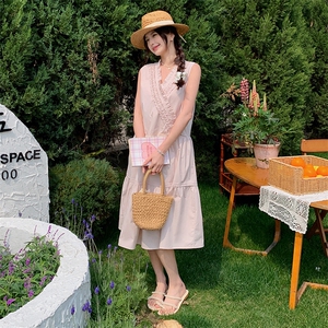 浅粉色木耳边无袖连衣裙女2025夏季新款韩系小个子甜美减龄背心裙图片
