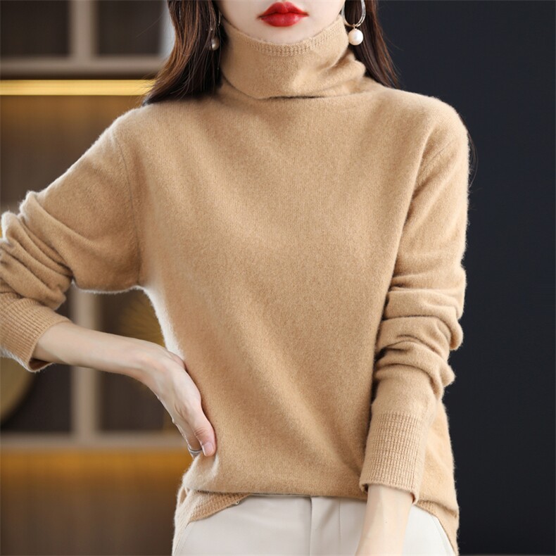 时尚简约100%山羊绒衫女高翻领加厚宽松显瘦针织打底衫毛衣内搭,女装羊毛衫,邓利维