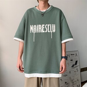 新款夏季短袖珠地面料宽松发泡字母假两件男士T恤ZDY3411-P50,男装T恤,星座717