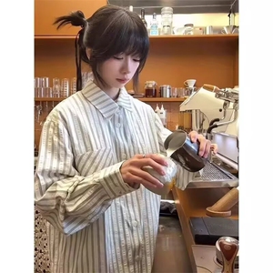 591-P43 秋季新款竖条纹衬衫男女日系复古痞帅高级感宽松休闲图片