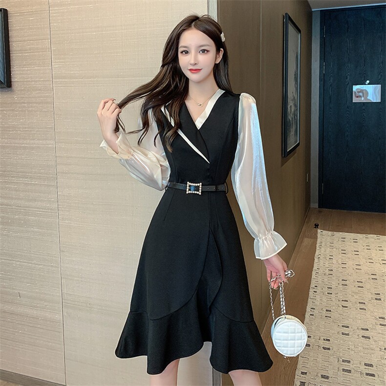 高端设计感连衣裙不规则2021年新款秋装法式休闲拼接裙子，女装连衣裙，潮品会