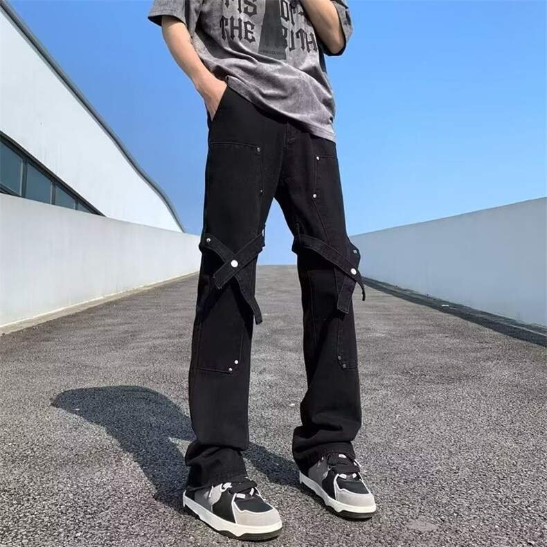 高街排扣工装裤男直筒修身微喇裤子美式街头潮牌休闲长裤N121/P42,男装工装外套,星座506