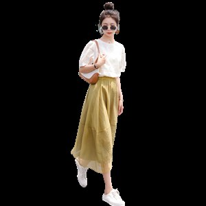 2022夏装新款舒适提花短袖上衣百搭纱裙两件套女士套装套裙图片