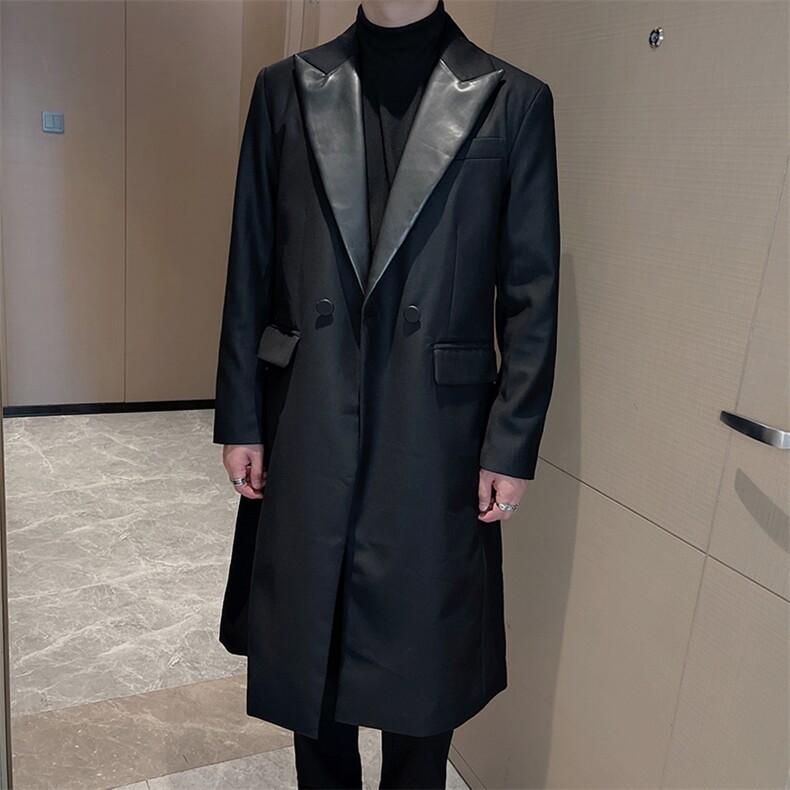 秋冬复古英伦时尚拼皮西装大衣男韩版中长款西服大衣潮XZ0083P160,男装西服套装,电商B267