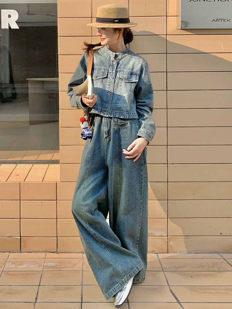 复古港风牛仔休闲套装女2025年秋季时尚气质小个子两件套,女装套装/套裙,浙宝305