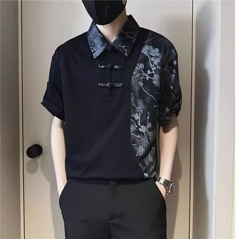 男士短袖Polo衫夏季潮牌痞帅翻领拼接t恤2025新款新中式风格上衣,男装T恤,电商B212（原钱塘6029）