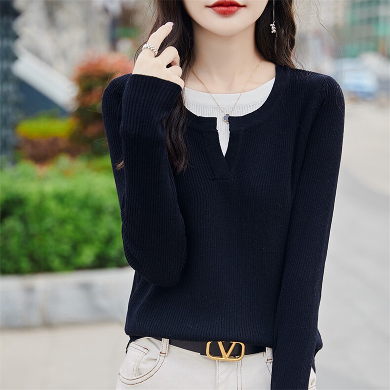 春秋精纺羊毛衫假两件圆领女针织打底衫新款百搭拼色薄款毛衣上衣，女装针织衫/毛衣，悦玛羊绒