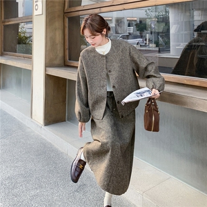 加棉加厚毛呢外套半身裙套装女2025冬季新款大方得体巨好看两件套图片