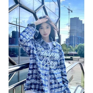 美式街头扎染水洗格子衬衫外套男女情侣宽松oversize上衣图片