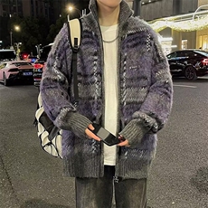 港风秋款男高领拉链开衫毛衣鹿毛绒条纹拼色夹克外套M5692P65，男装针织衫/毛衣，星座1013-1