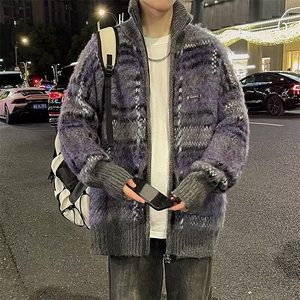 港风秋款男高领拉链开衫毛衣鹿毛绒条纹拼色夹克外套M5692 P65图片