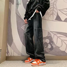 秋季复古直筒阔腿长裤高街宽松工装水洗黑色牛仔裤男K5461-P42，男装牛仔裤，星座512-2