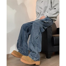 港风秋款男牛仔裤工装口袋褶皱弯刀直筒宽松长裤NK9114P50，男装牛仔裤，星座1013-1