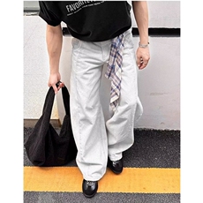美式复古设计感格纹方巾弯刀牛仔裤新款宽松阔腿裤子LB2266-P50，男装牛仔裤，星座1008