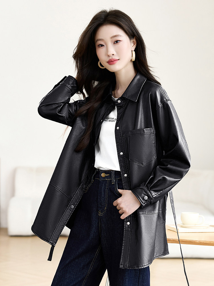 皮衣外套女2025开春新款高级感超火欧货休闲中长款棕色衬衫领夹克,女装皮衣,贵人树
