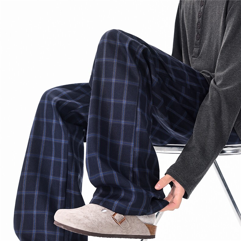 藏青色格子裤cleanfit休闲微喇裤子男190高个子加长直筒裤KZ104，男装休闲裤，电商B312