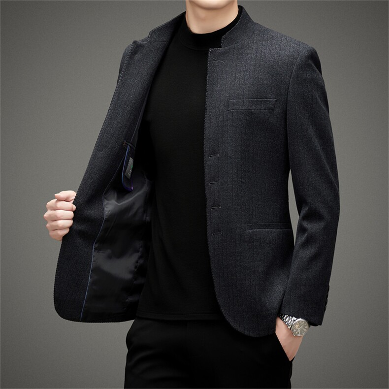 男士2024秋款新款中山装立领西装西服修身男装商务西装外套潮帅气,男装西服,钱塘6003（原4033）
